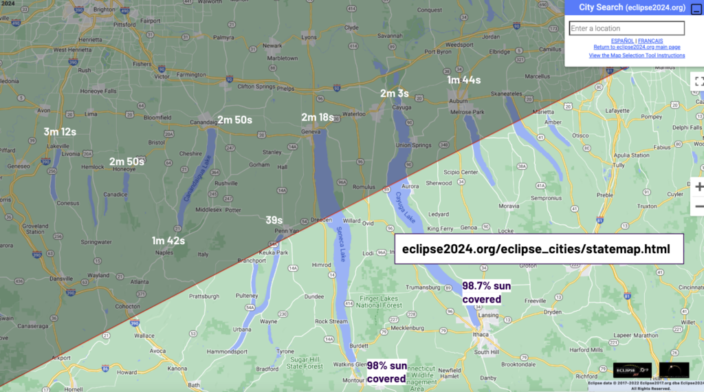 Closer look of the 2024 path of totality through the Finger Lakes.